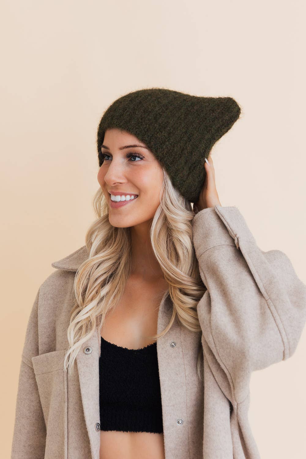 Cozy Cat Eared Beanie in Olive