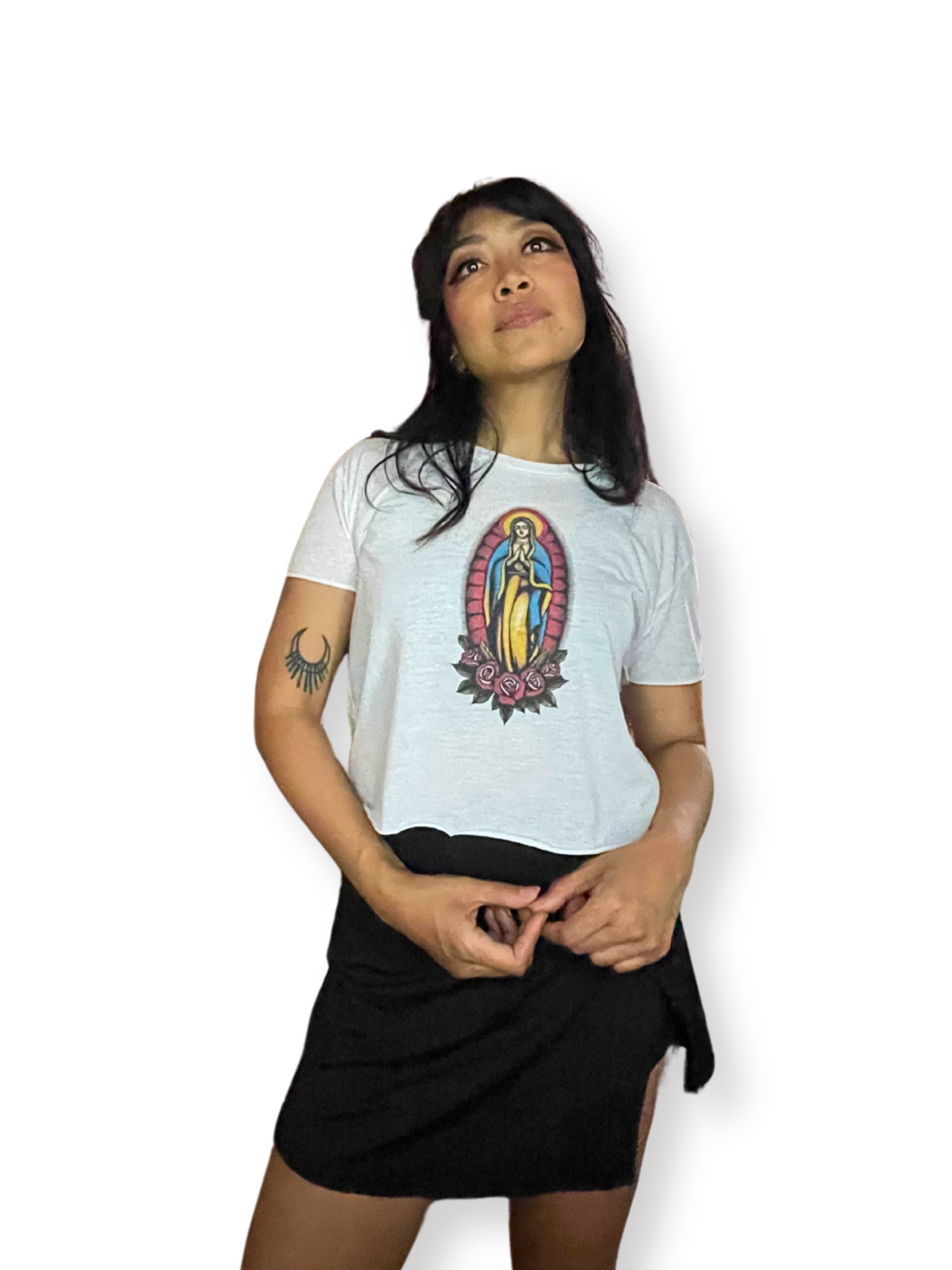 RCco Mother Mary Tissue Tee Cropped Shirt on Filipina American Model