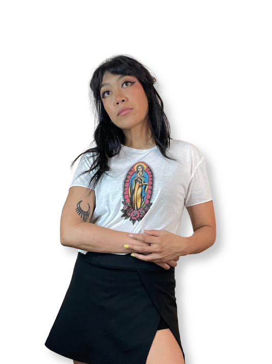 Mother Mary RCco Tissue Tee on Filipina American Model